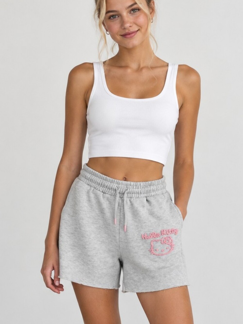 Hello Kitty x Primark Grey Sweat Shorts Pink Embroidered Logo Y2K